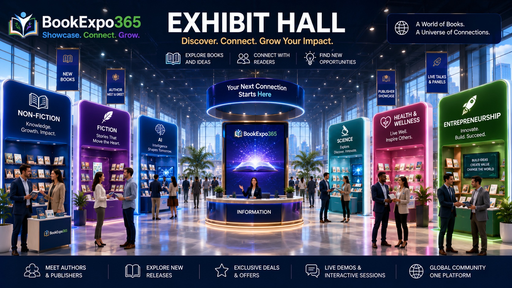 Readers exploring books and discovery halls at BookExpo365