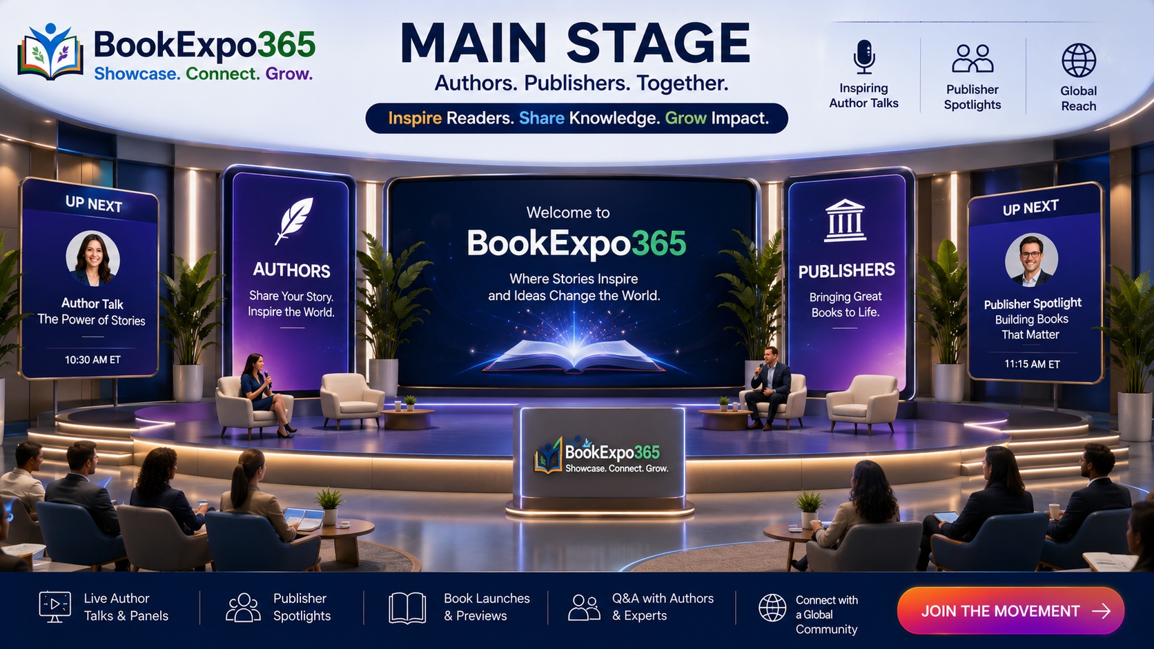 BookExpo365 Main Stage with live author and publisher conversations before a global audience